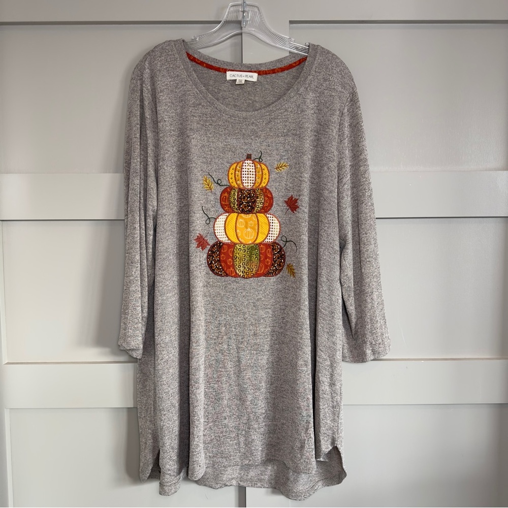Cactus + Pearl Thanksgiving Autumn Pumpkin Leaves 3/4 Sleeve Tunic Women’s XXL